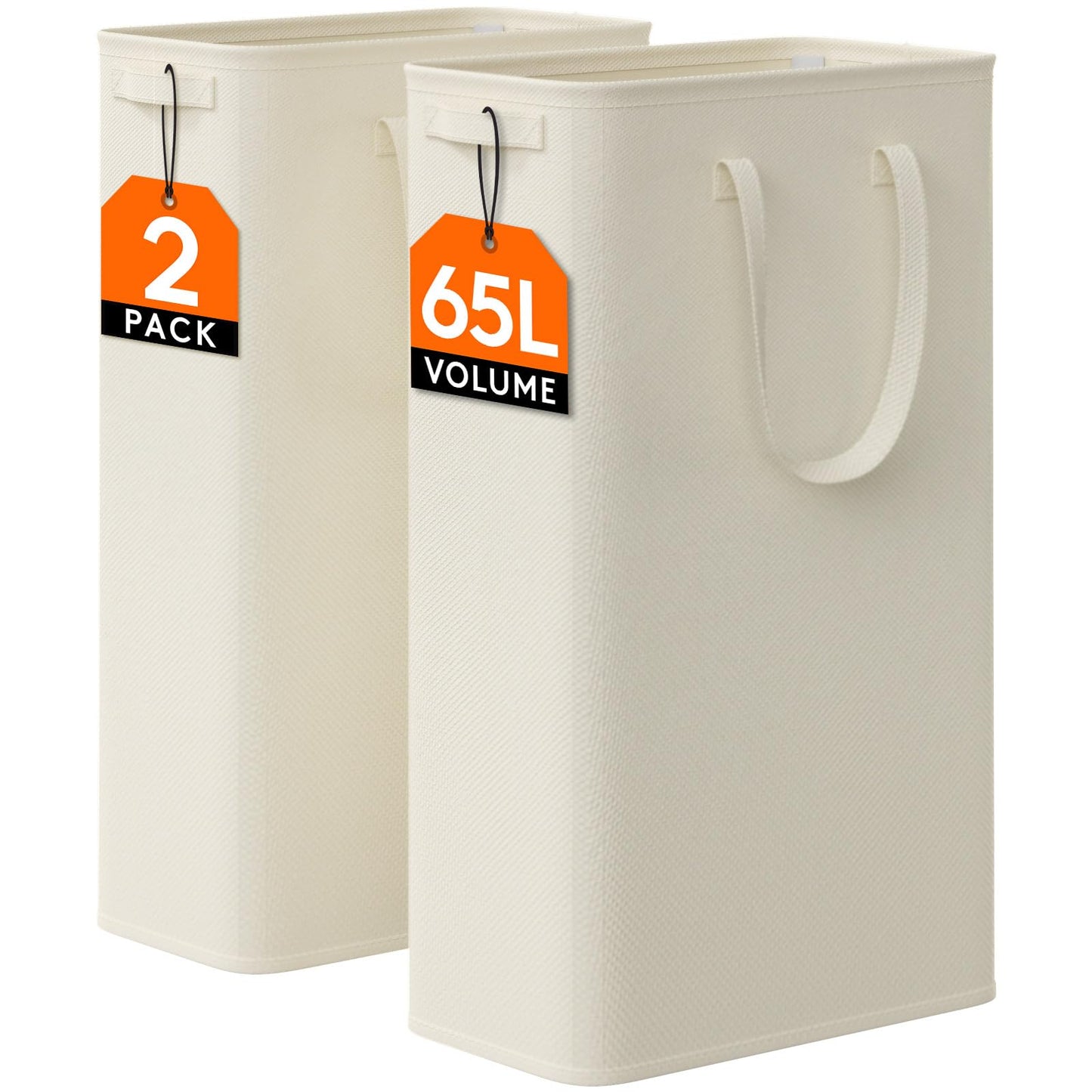 Lifewit 2 Pack Slim Laundry Hamper, Collapsible Narrow Laundry Basket, Small Tall Dirty Clothes Hampers with Handles for Bathroom Bedroom College Dorm, White, 65L