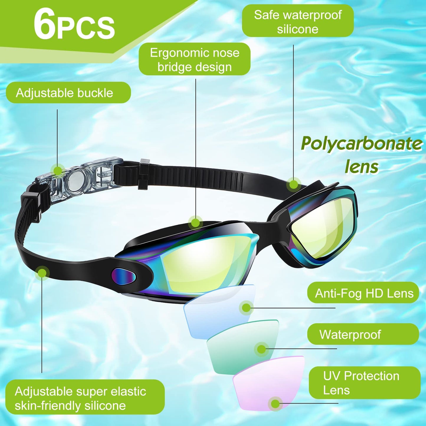 Flutesan 6 Pcs Swim Goggles Swimming Equipment Swimming Goggles Sport Swimming Goggles for Women Men Adult Youth (Neon Color)