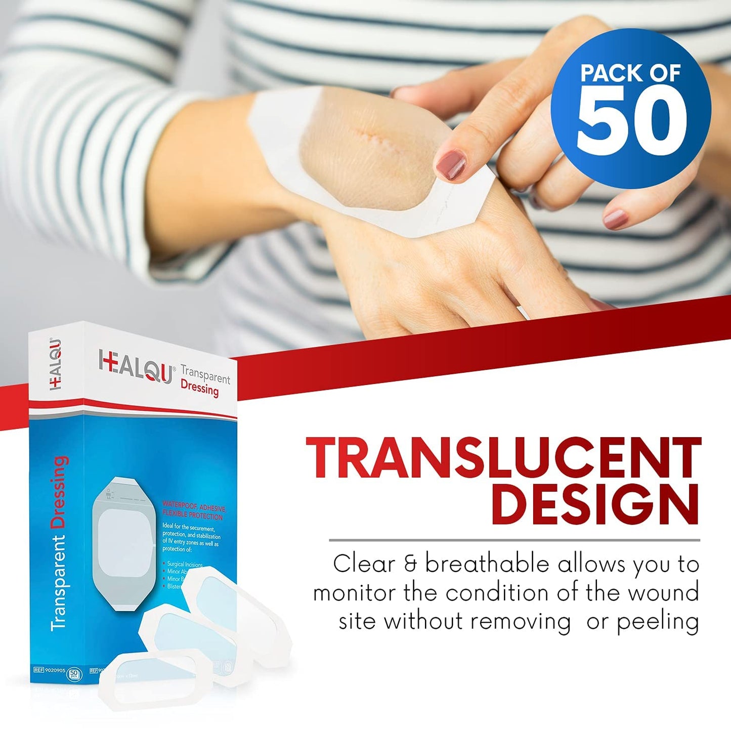 Transparent Film Dressing 4" x 4.75" (50 Pack) – Waterproof Adhesive Wound Bandages for Post-Surgical Shower, IV Shield, Tattoo Aftercare, Clear Breathable Dressing Patches by HEALQU