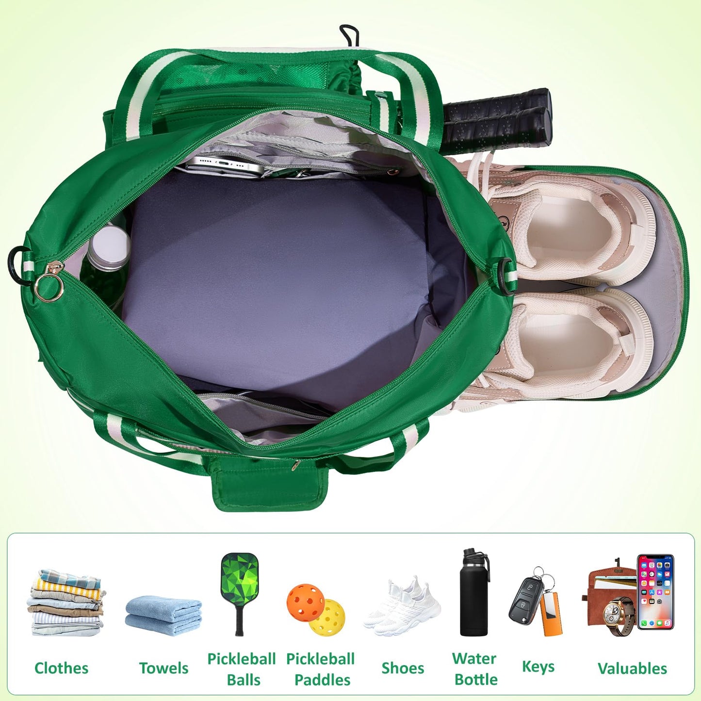 ROYAL MOUNTAIN Pickleball Bag For Women Men, Pickleball Tote Bag With Shoe Compartment, Pickle Ball Bags with Paddle-Pocket,Ball Mesh Pocket and Adjustable Shoulder Strap(Green)
