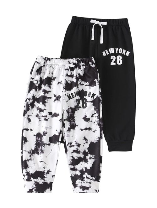 Jolyshlid 2 Pack Boy's Tie Dye Letter Print Track Sweat Pants Joggers 7-8Y Black White