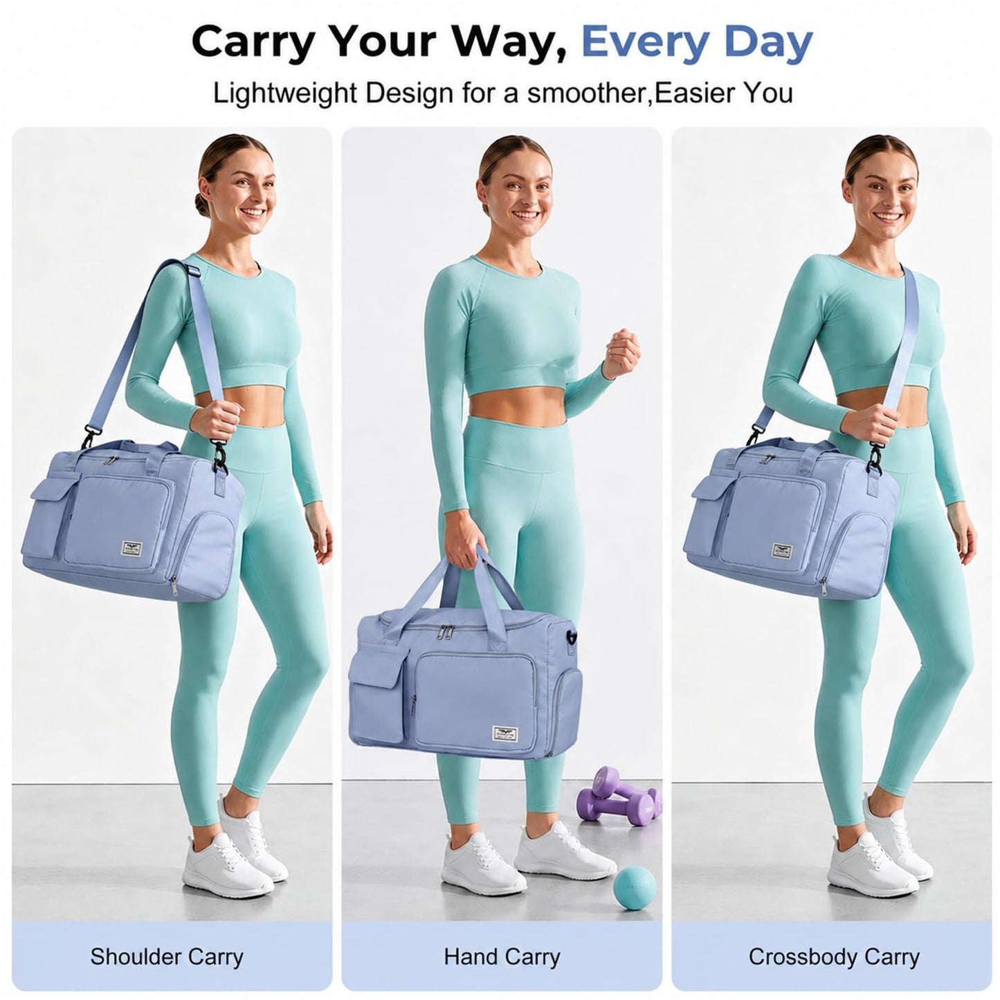 FIORETTO Women's Gym Duffle Bag with Shoes Compartment, 30L Capacity, Ideal for Travel, Gym, Sports, Duffel, Weekender, Blue