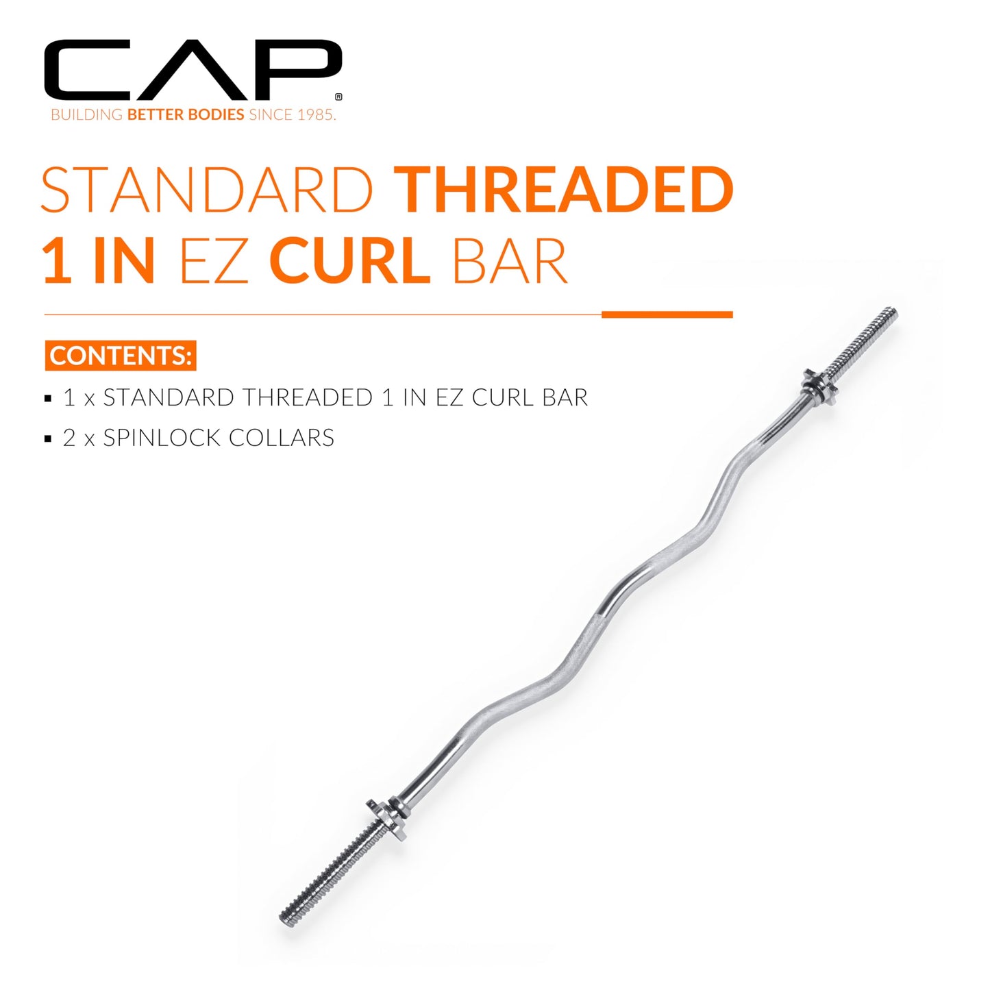 CAP Barbell Standard 1-Inch Threaded EZ Curl Bar with Spinlock Collars – Solid Steel Curl Bar for Bicep & Tricep Workouts, Strength Training, and Home Gym Weightlifting - Chrome