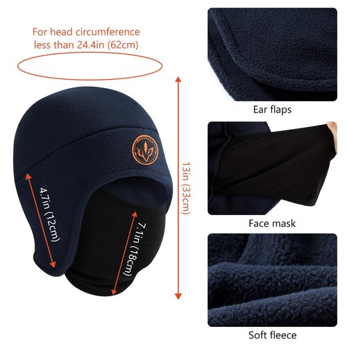 BASSDASH Soft Fleece 2-in-1 Hat with Ski Mask Ear Flap Ice Fishing Hunting Beanie for Men Women Cold Weather Winter Navy Blue