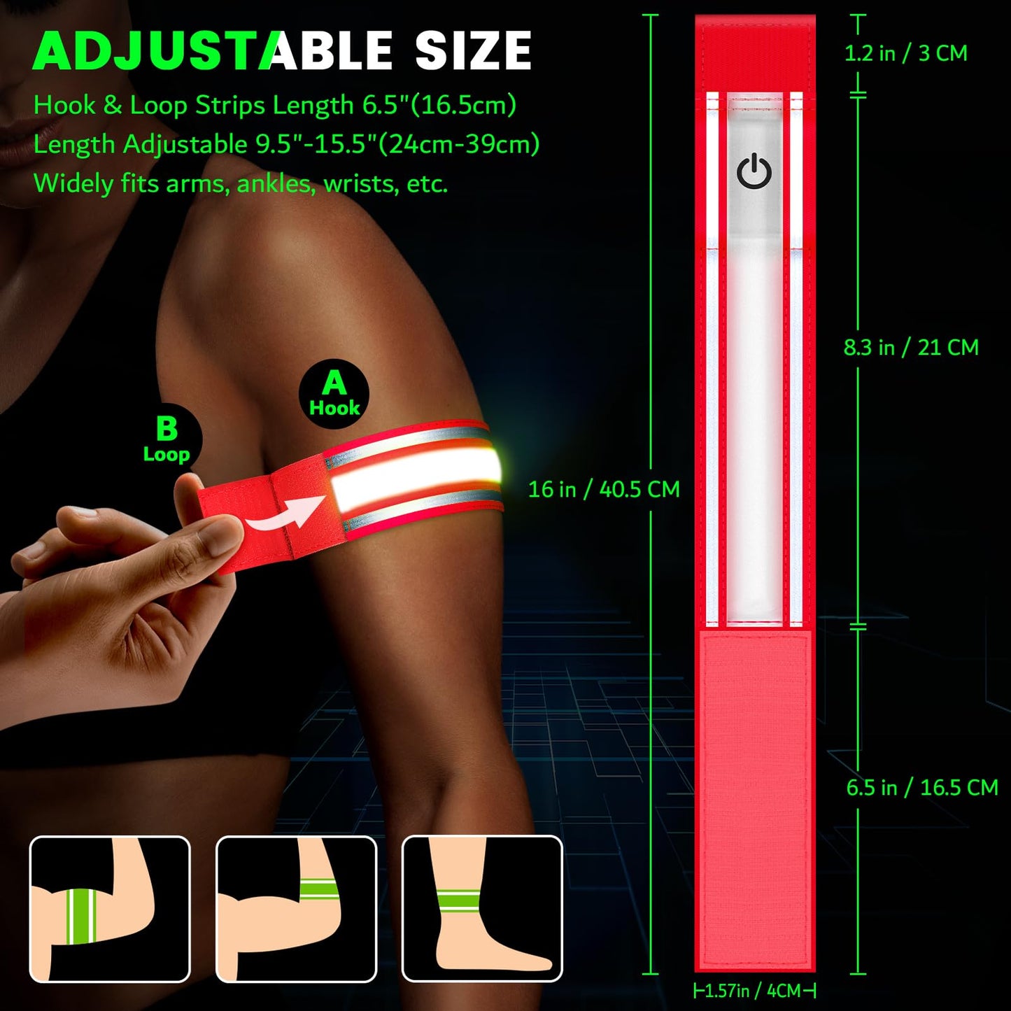 LED Armband for Running(2 Pack),Light Up Arm Bands for Night Walking Running,Rechargeable Lights for Runners,High Visibility Reflective Running Gear Adjustable Light Up Wristbands (Red, Regular)