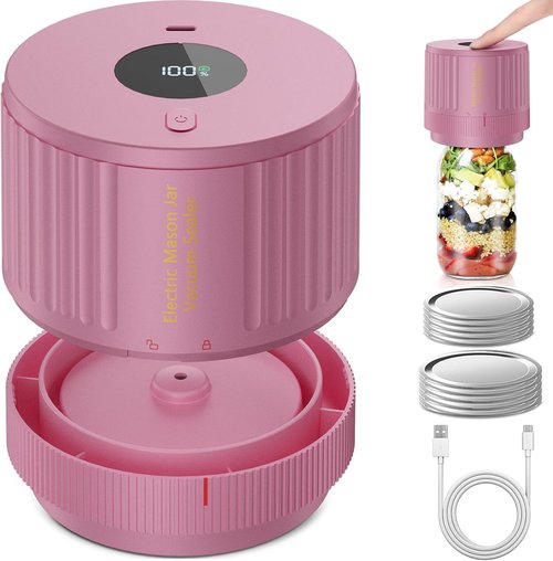 LOVE MOMENT Electric Mason Jar Vacuum Sealer Kit - Versatile for Wide & Regular Mouth Jars - Pink