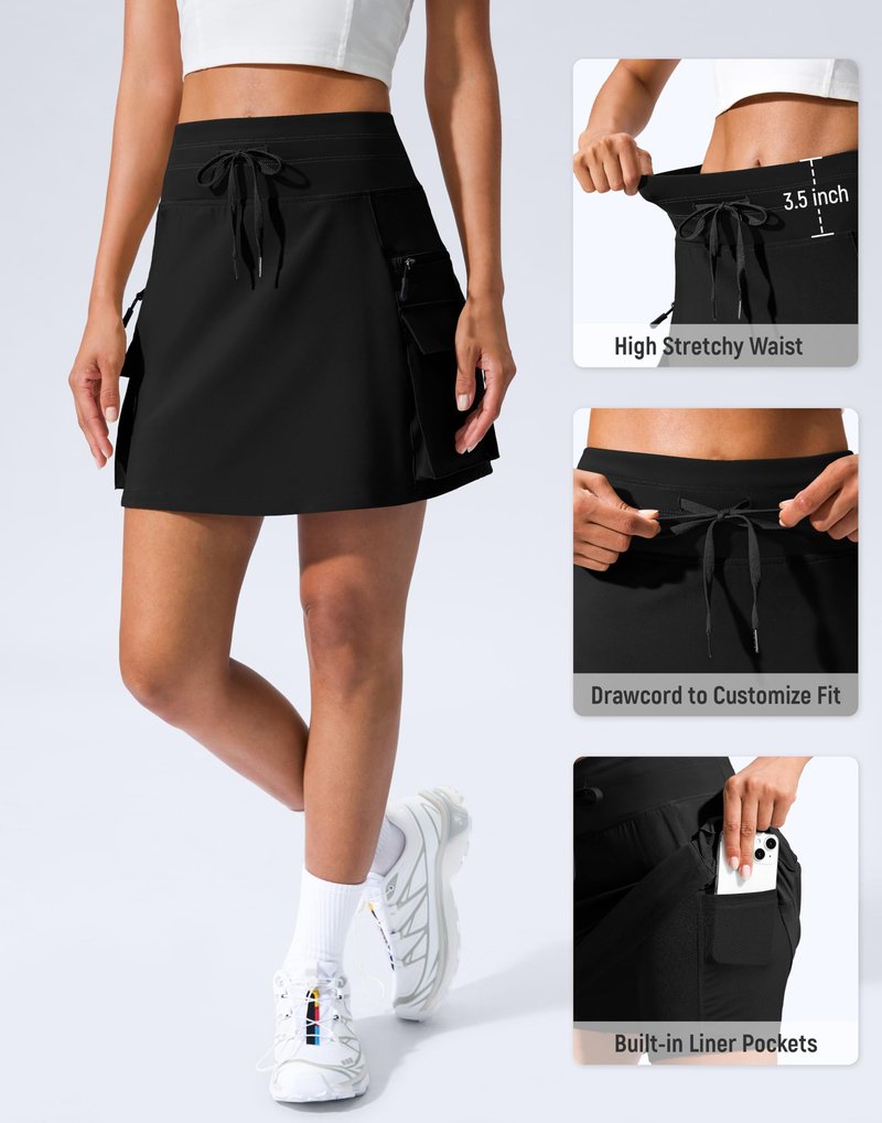 SANTINY 16" Cargo Skort with 6 Pockets Drawstring High Waisted Golf Travel Hiking Skorts for Women Dressy Casual Summer (Black_XL)