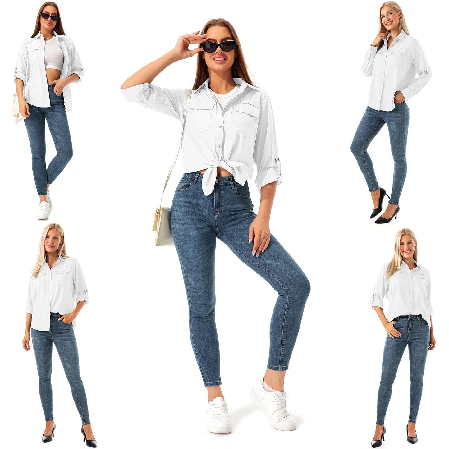 Womens Safari Shirts Long Sleeve Outdoor Sun Protection Quick Dry Fishing Hiking Shirts (5026 White S)