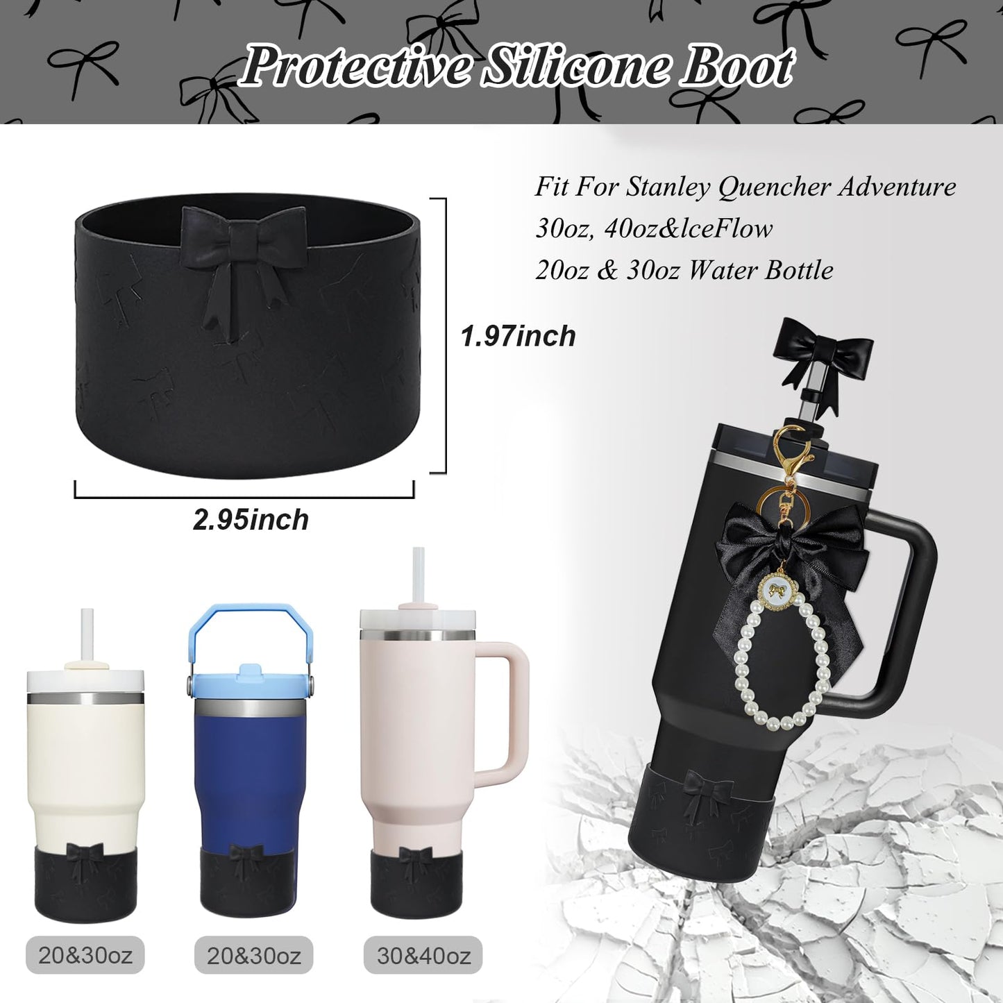 VirgoCCY Black Bow Stanley Cup Accessories Set Including Siliocne Straw Cover, Siliocne Boot, Water Bottle Handle Strap, Charms for Stanley Cup 40oz 30oz Tumbler with Handle, Black