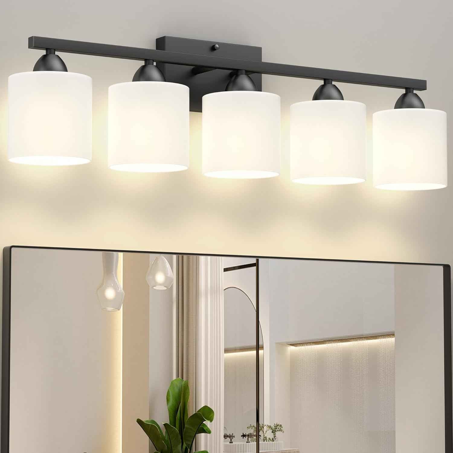 Modern 4-Light Bathroom Vanity Light Fixture - Anti-Rust Over Mirror Sconce with Milky White Glass Shades, E26 Base