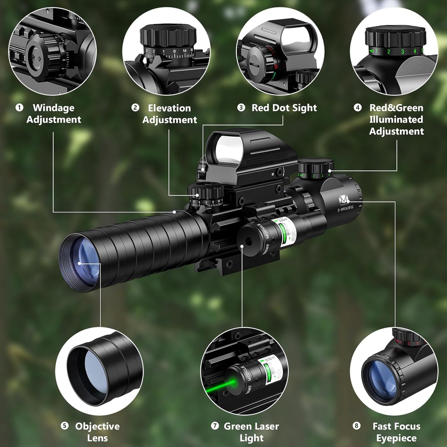 MidTen 3-9x32 Scope Combo - Dual Illuminated Optics with Red/Green Dot Sight & Laser Rangefinder