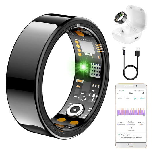 Ring Health Tracker for Women Men, Fit Ring with Heart Rate, Blood Oxygen, Sleep Monitor, Calories, Step Counter, IP68 Waterproof Smart Ring for iPhone & Android, No Subscription Fee (Black, 6#)