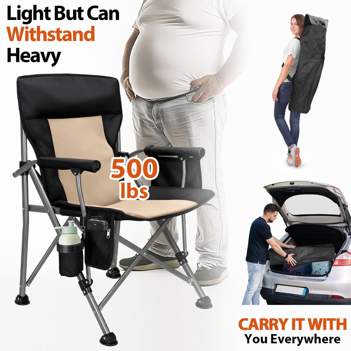 Heated Camping Chair with 20,000 mAh Battery, Loog-Lasting for 500 Mins, Fully Padded Heated Camp Chairs, Heavy Duty Folding Chairs Supports 500 lbs for Winter Camping, Picnics, Tailgating, RV Travel