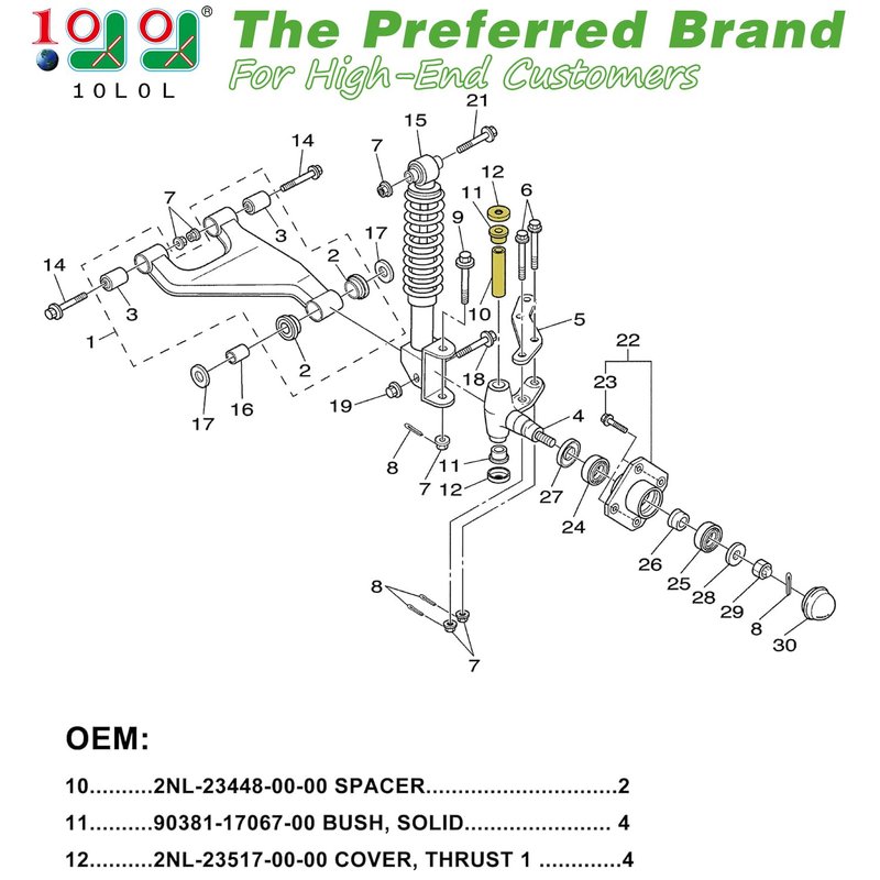 10L0L Golf Cart Steering Knuckle & Spindle Tube Repair Kit for Yamaha G22-G29 Drive 2 (2003-Up) - Complete Bushing, Outer Cover, Spacer Kit, OEM 2NL-23448-00-00, 90381-17067-00, 2NL-23517-00-00