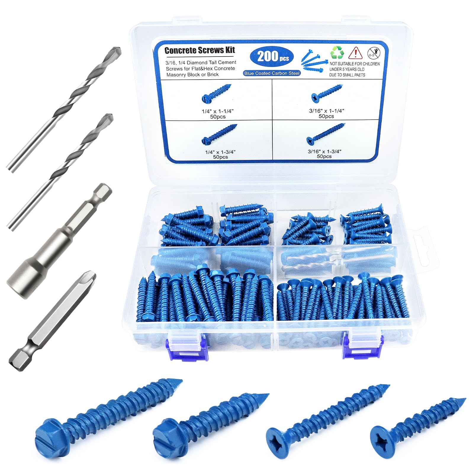 200PCS Concrete Screws Assortment Kit, 1/4 3/16 Masonry Screws with Drill Bit and Driver Bit, 4 Size Flat & Hex Head Cement Screws and Anchors, Diamond Point, Self Tapping Concrete Brick, Blue Coated