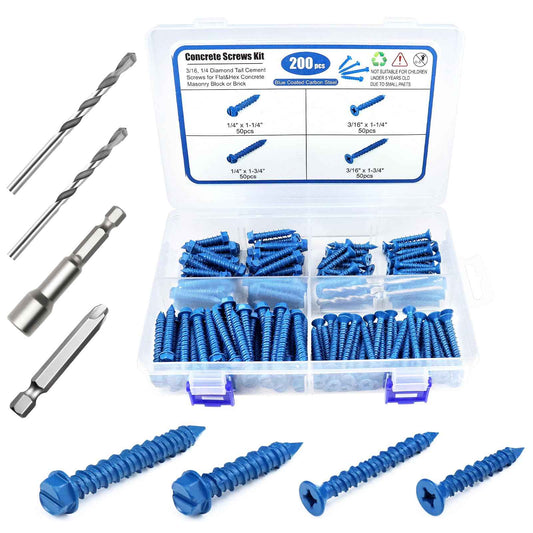 200PCS Concrete Screws Assortment Kit, 1/4 3/16 Masonry Screws with Drill Bit and Driver Bit, 4 Size Flat & Hex Head Cement Screws and Anchors, Diamond Point, Self Tapping Concrete Brick, Blue Coated