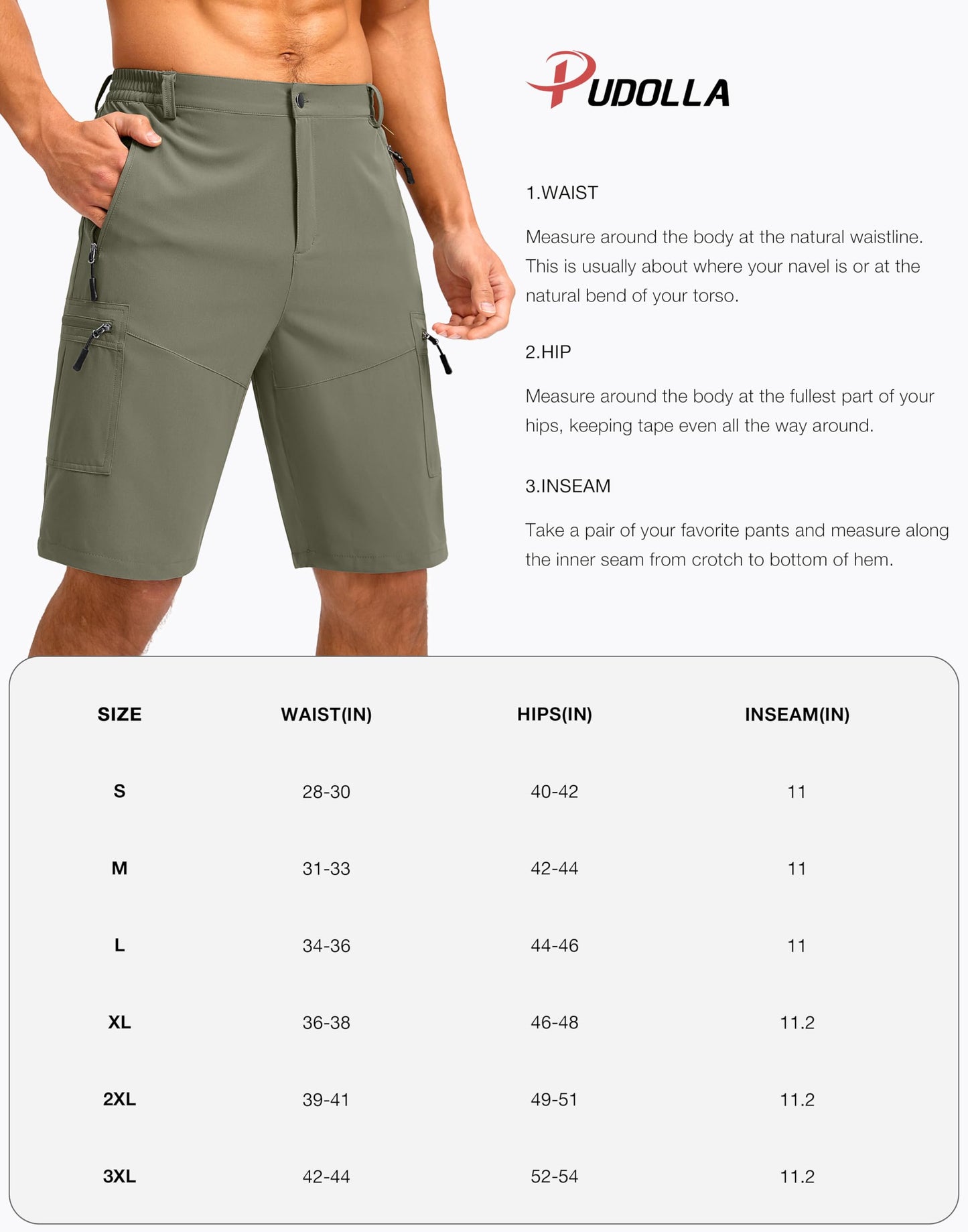 Pudolla Men's Hiking Shorts 11" Lightweight Cargo Work Shorts for Men Summer Travel Golf Casual Outdoor with 5 Pockets(Grey Sage 3X-Large)