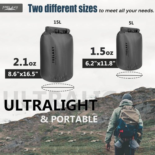 Frelaxy Waterproof Dry Bag Set - Lightweight & Durable 5L, 15L, 25L for Hiking, Camping, Kayaking | 2 Pack - Gray