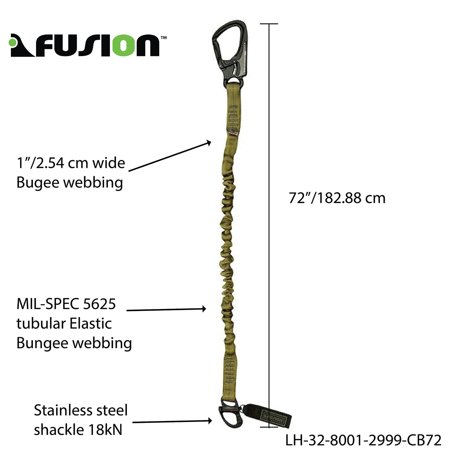Fusion Tactical Military and Police Helo Lanyard - 6ft Elastic Bungee with Snap Hook Shackle, 23kN - Coyote Brown, 72 inches