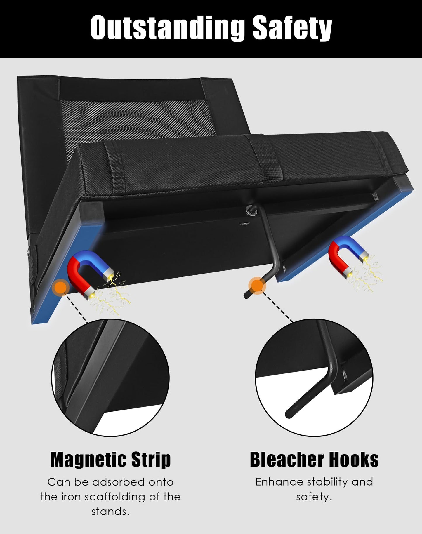 MOIICARE Stadium Seats for Bleachers with Back Support, Bleacher Chairs with Backs and Cushion Wide, Portable Folding Seats with Magnetic Bottom Strips, Includes Shoulder Strap - Black (1, Black)