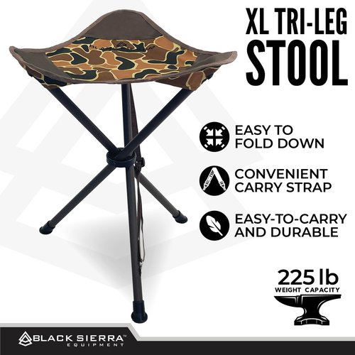 Black Sierra Folding Hunting Stool w/Shoulder Strap Supports 225 lbs, Lightweight Collapsible Tripod Seat, Foldable Steel Frame Chair Perfect for Hunting