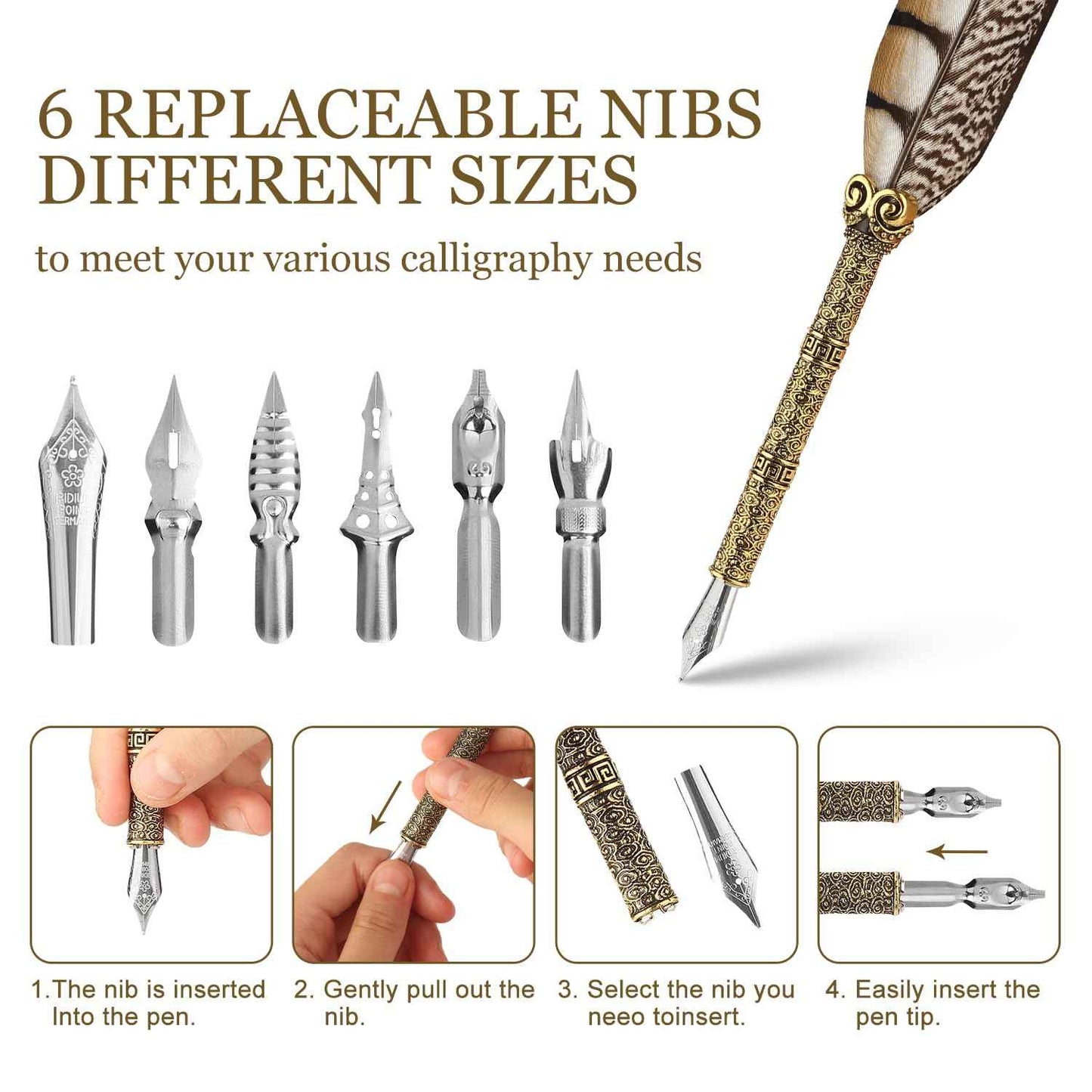 GC QUILL Calligraphy Pen Set - Feather Dip Pen,Dual Tip Calligraphy Fountain Pen, Stamp, Wax Candle, Pen Base, Ink Bottle, Ink Cartridges L1492