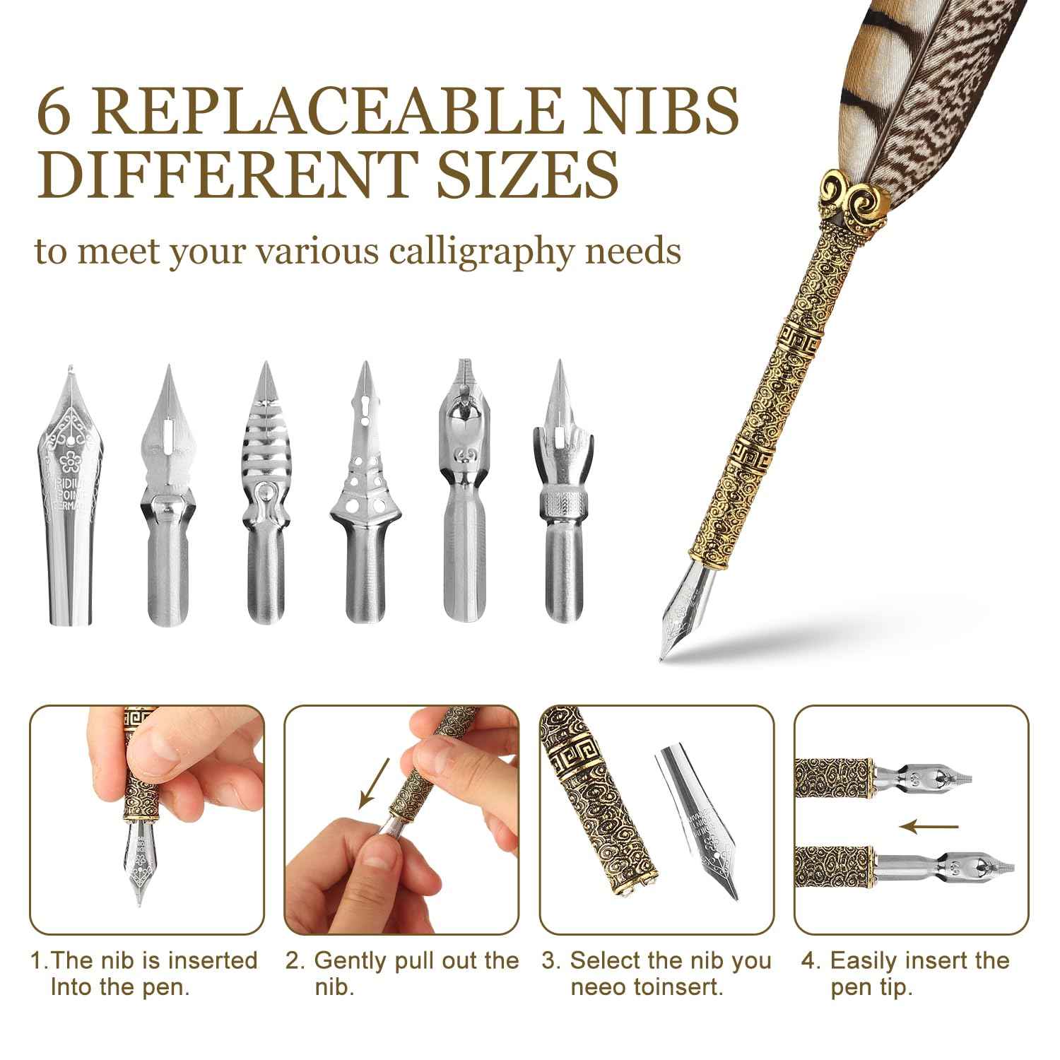 GC QUILL Calligraphy Pen Set - Feather Dip Pen,Dual Tip Calligraphy Fountain Pen, Stamp, Wax Candle, Pen Base, Ink Bottle, Ink Cartridges L1492