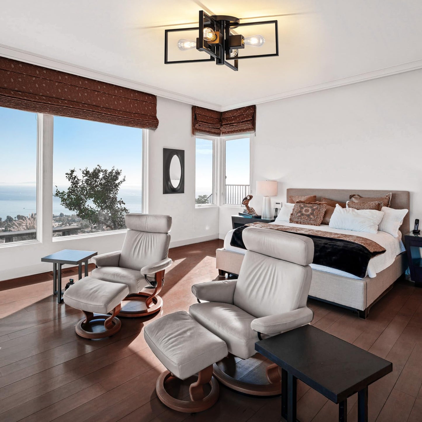 fengkeDU Industrial Ceiling Light Black 4 Light Semi Flush Mount Lights Wood Sputnik Light Fixture 24" Farmhouse Ceiling Light for Kitchen Bedroom Bathroom Foyer Hallway(E26