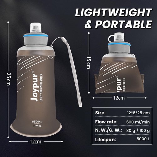 joypur Collapsible Squeeze Water Filter Bottle - 650ml with Filter with NSF/FDA Certification Befree or Peak Series replacement for Hiking,Running,Camping,Travel,Cycling,and Fishing,BPA-Free(Gray)