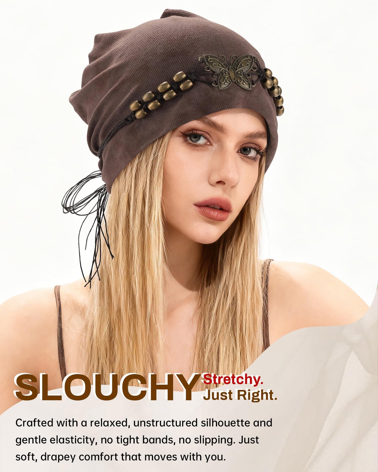 AWAYTR Slouchy Beanie Hat for Women - Retro Turban Hat with Metal Butterfly Beads Skull Caps Vintage Y2K Fashion Style (Coffee)
