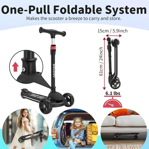 BELEEV A9 Kids Scooter - LED Light-Up Wheels & Deck, Adjustable Handlebar, 3-12 Years, Foldable Design