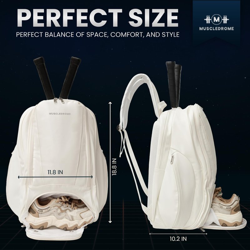 Pickleball Bag for Men and Women, Large 38L Tennis and Pickleball Backpack with Shoe Compartment, Durable Padel Bag with Spacious Storage for Paddles, Balls, Bottle, Towel, Clothes & Laptop (White)