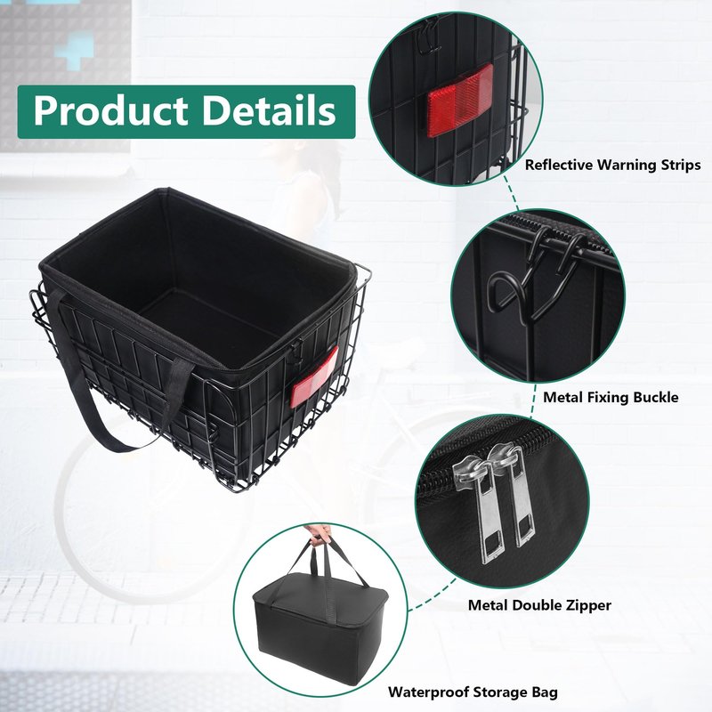 Folding Bike Basket Rear, Bike Rear Rack with PU Waterproof Liner Bag and Net Cover, Bicycle Baskets for Adult/Kids Bikes, Panniers Bike Bags of Bicycle Accessories