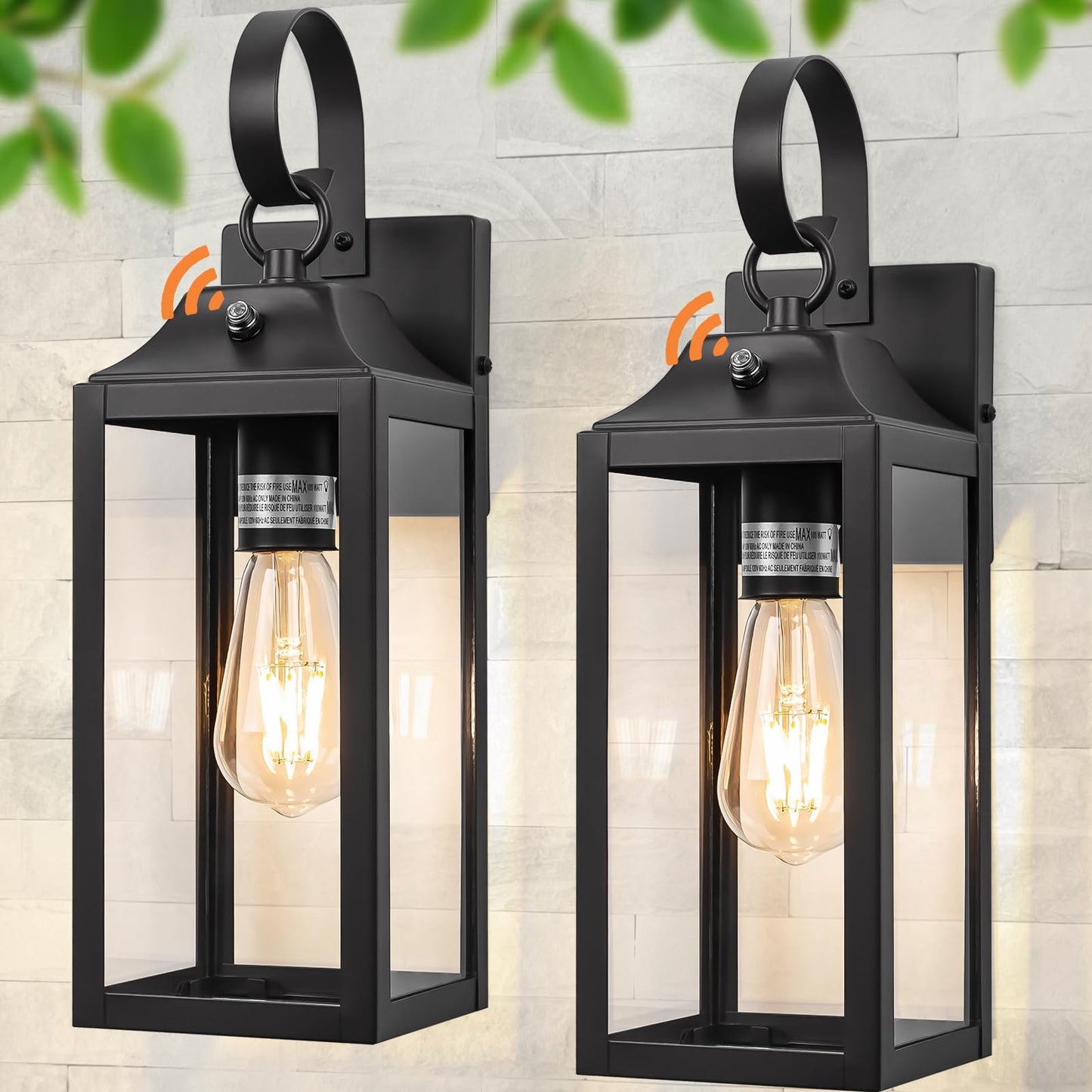 Yolsunes Dusk to Dawn Wall Lights 2 Pack, Black Outdoor Light Fixtures Wall Mount, 15 Inch Exterior Wall Sconces Waterproof, Large Outside Lights for House, Modern Wall Lanterns Clear Glass