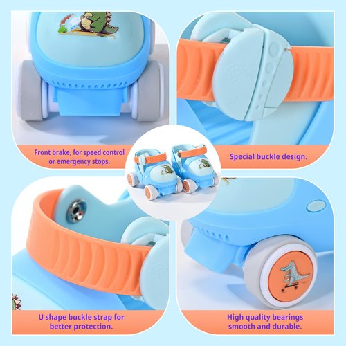 Mpoutik Kids Children's Adjustable Quad Roller Skates Wheels Lock Boys Girls Roller Skate for Beginners Toddlers Baby (Dino Blue)