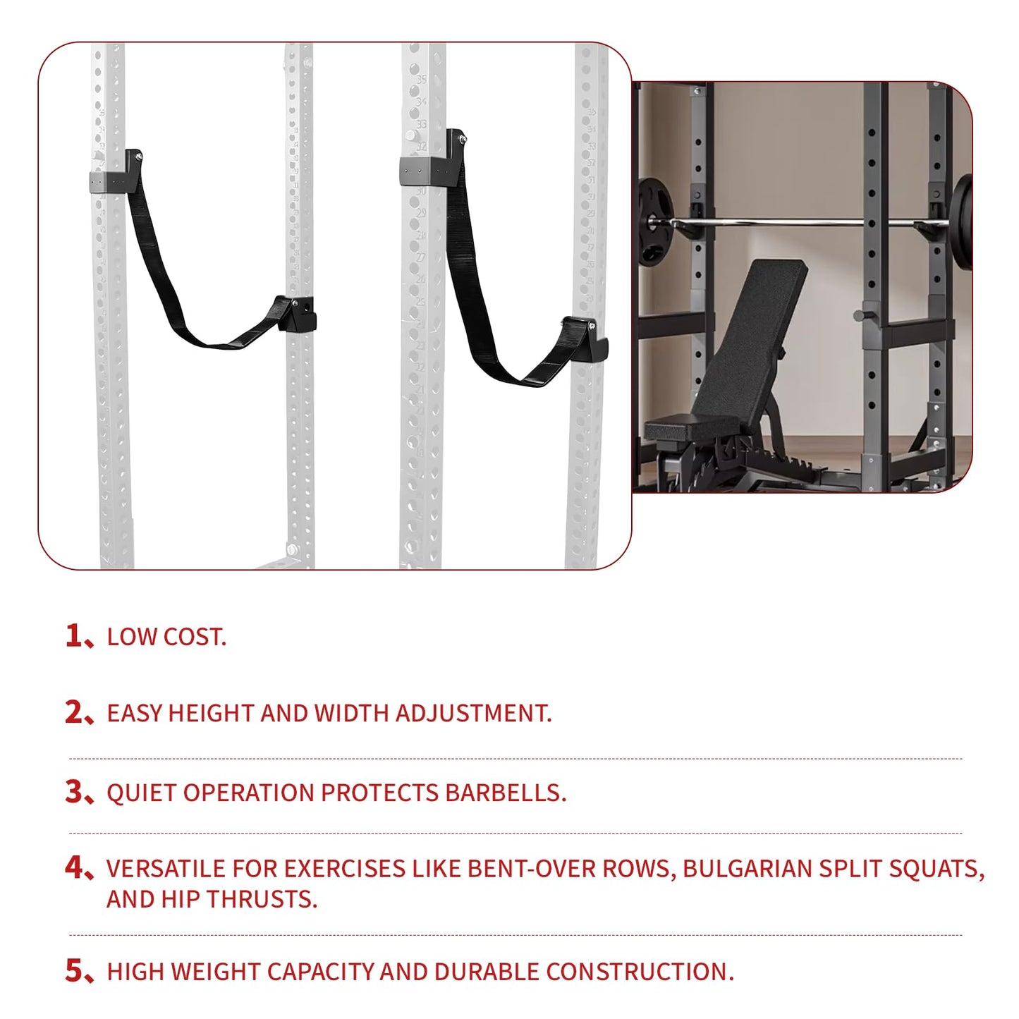 Power Rack Attachments Safety Straps Squat Rack Attachments Fit 3x3 Power Rack for Row Deadlift Bench Press Hip Thrust Chest Press and More (Black, 3"x3" Column,0.7" Aperture,Straps Length 2.62FT)