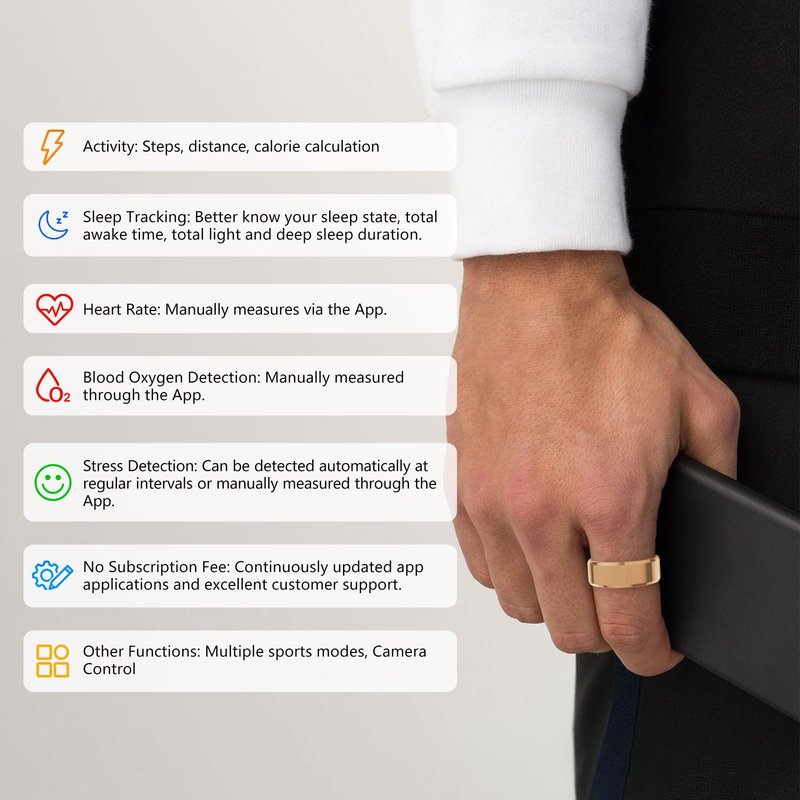 Smart Ring for Women & Men, Fitness Tracker with Heart Rate/Blood Oxygen/Sleep Tracker/Step Counter for iPhone & Android, Magnetic Charging Case, IP68 Waterproof, No Subscription Fee (Gold 11)