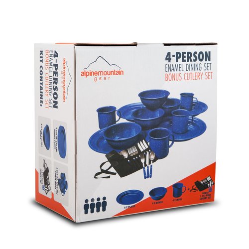 Alpine Mountain Gear 4-Person Blue Enamel Coated Steel Dining Set - Camping Gear Essentials with 4 Mugs, 4 Bowls, 4 Plates & Cutlery