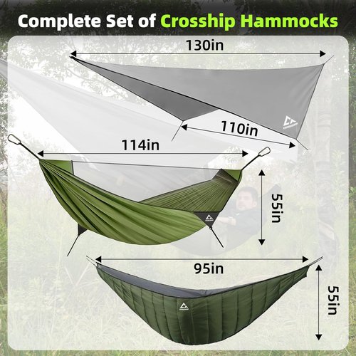 Crosship Camping Hammock with Mosquito Net, Underquilt & Rain Fly Tarp – 2 Person Portable Backpacking Hammock Set for Hiking, Backpacking, Travel, Backyard, Beach – Holds Up to 500lbs (Green)