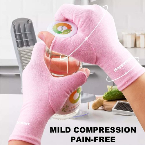 Happymart 2 Pairs Arthritis Gloves for Women for Pain, Compression Gloves for Carpal Tunnel Relief, Rheumatoid Osteoarthritis, Fingerless Gloves for Women and Men, Typing (Pink, Medium)
