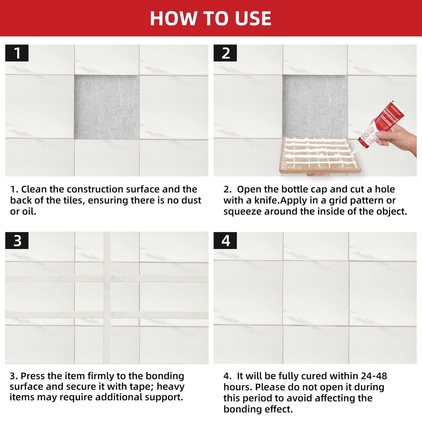 Globalcom Heavy Duty Construction Adhesive, Tile and Stone Marble Granite Wood Floor Adhesive, Gap Filling and Waterproof - 5.3 oz White