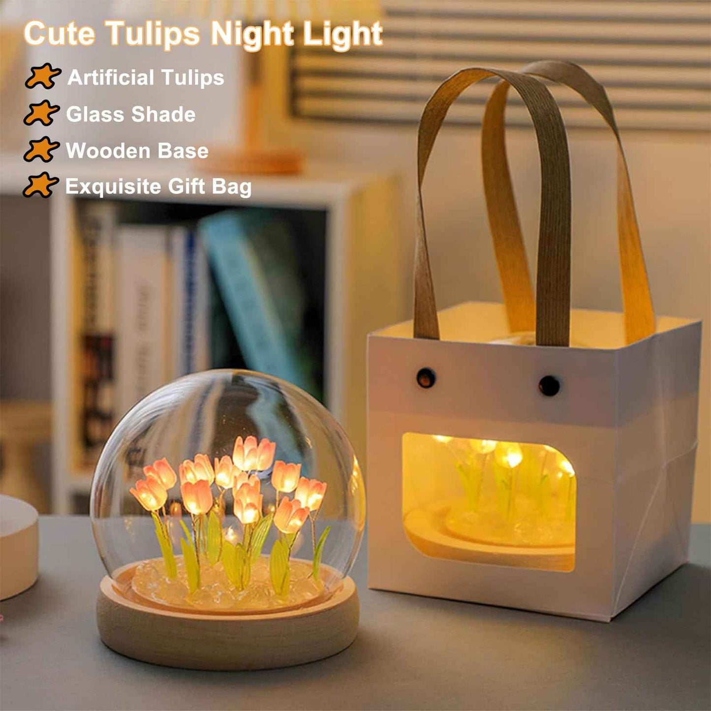 Tulip Night Light Cordless, Birthday Flower Gifts for Her - Small Flower Lamp with Glass Cover, Wooden Base and Gift Bag -Cute Romantic Home Decor for Mom, Grandmother, Wife, Girlfriend, Sister, Women