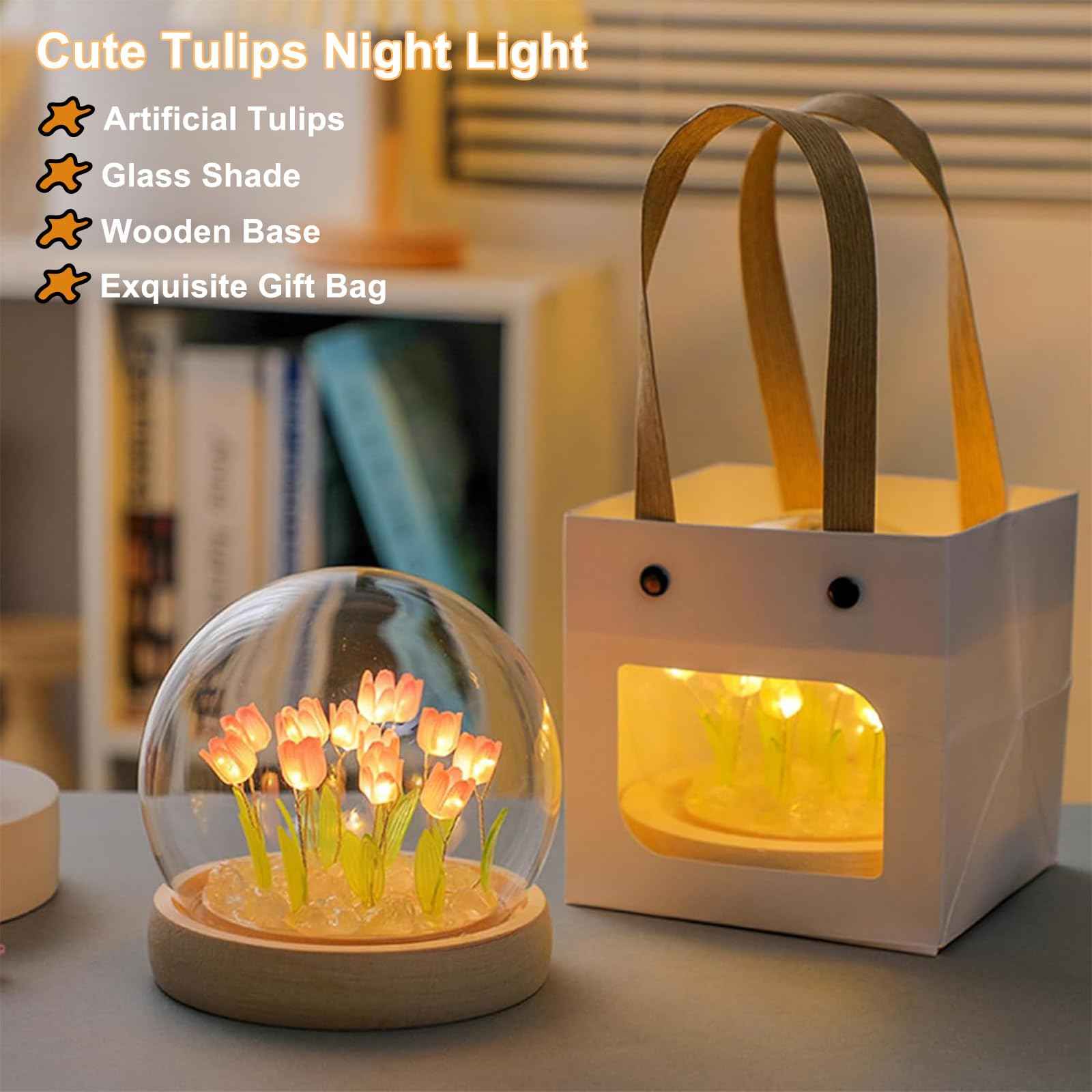 Tulip Night Light Cordless, Birthday Flower Gifts for Her - Small Flower Lamp with Glass Cover, Wooden Base and Gift Bag -Cute Romantic Home Decor for Mom, Grandmother, Wife, Girlfriend, Sister, Women