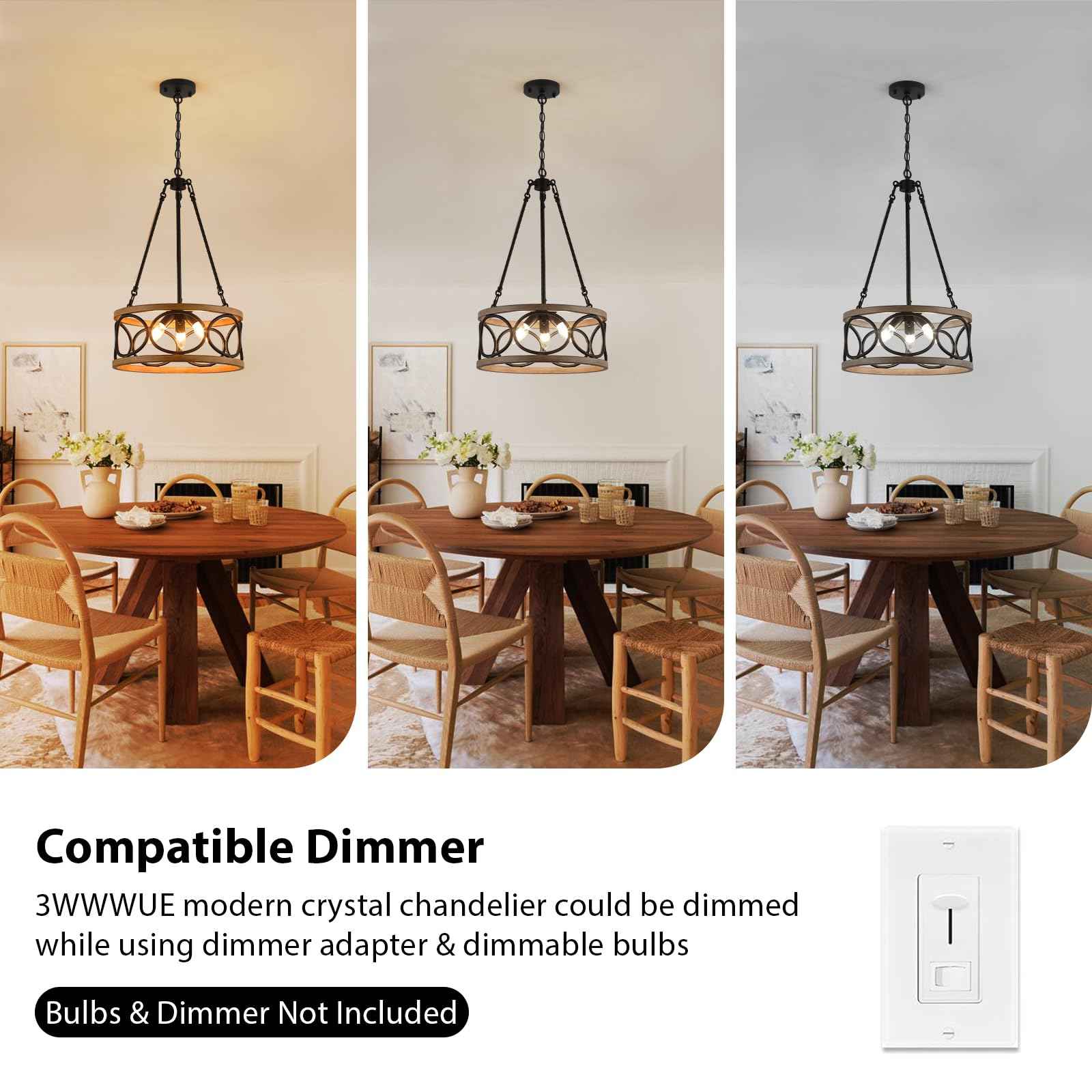 3WWWUEE 16‘’ Chandelier Farmhouse Style Black and Wood Hanging Light Fixture 3-Light Pendant Lighting with 47'' Height Adjustable Chain Dining Room, Living Room, Kitchen Island E12 Base - AJ9016P3WDBK