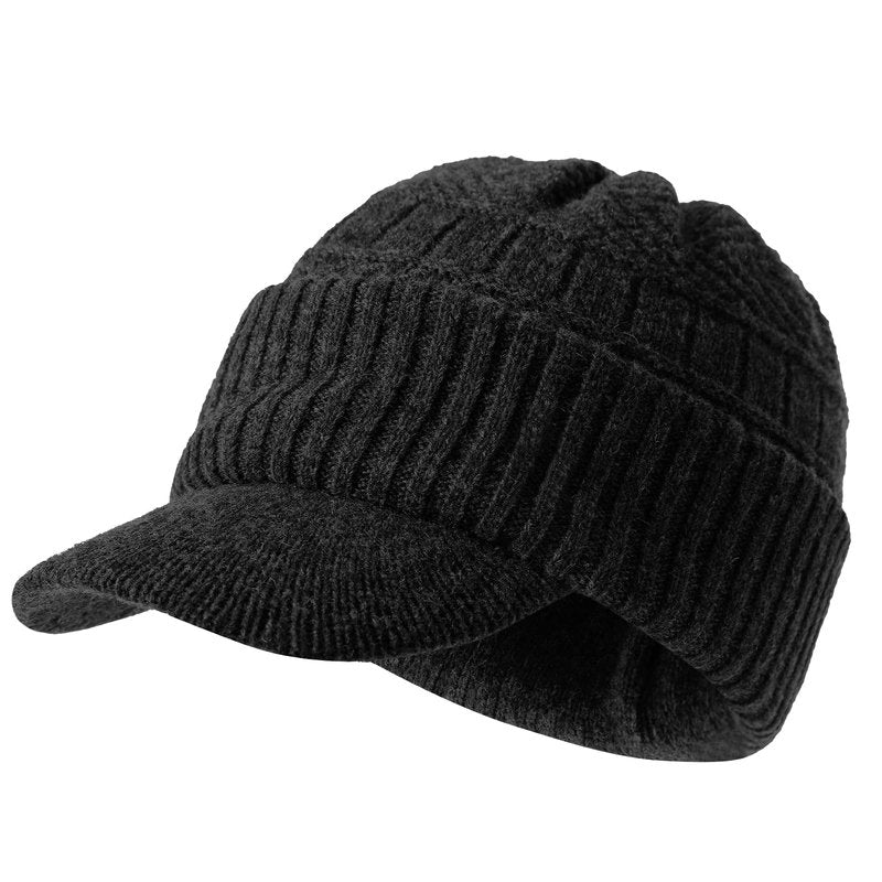 SEEK SURE Men's Winter Hat with Visor Warm Double Woolen Women Ribbed Knit Hat Cuff Beanie Cap with Brim for Cold Weather, L/XL Black