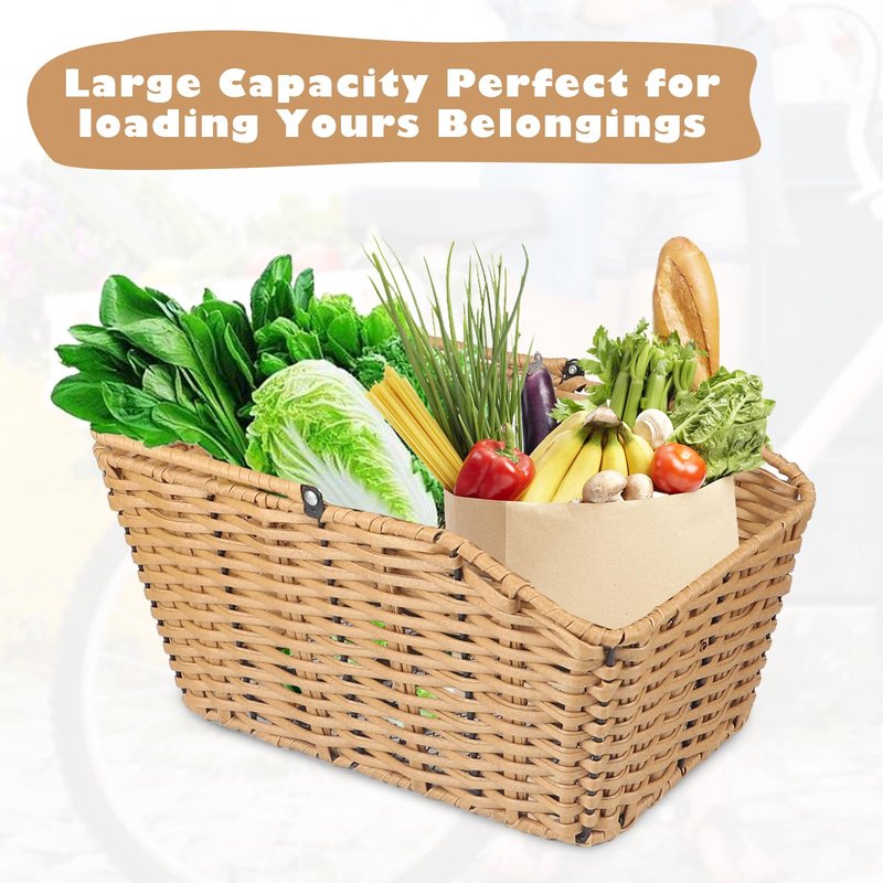 MEGHNA Bike Basket Woven Portable Rear Bicycle Basket with Protection Net Detachable Bike Rack Basket Bike Storage for Rear Rack of Most Kinds of Bike (Wood - with Net)