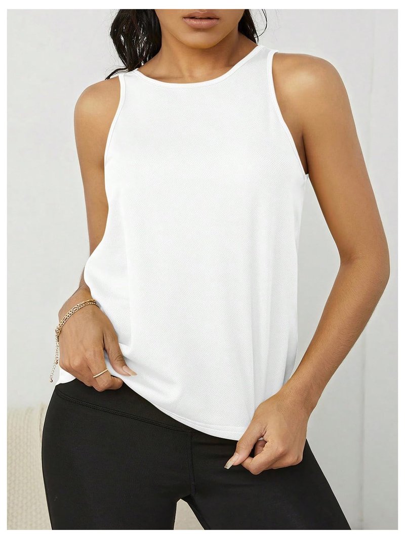 OYOANGLE Women's Workout Tank Top Cut Out Backless Running Sports Athletic Sleeveless Tops White Large