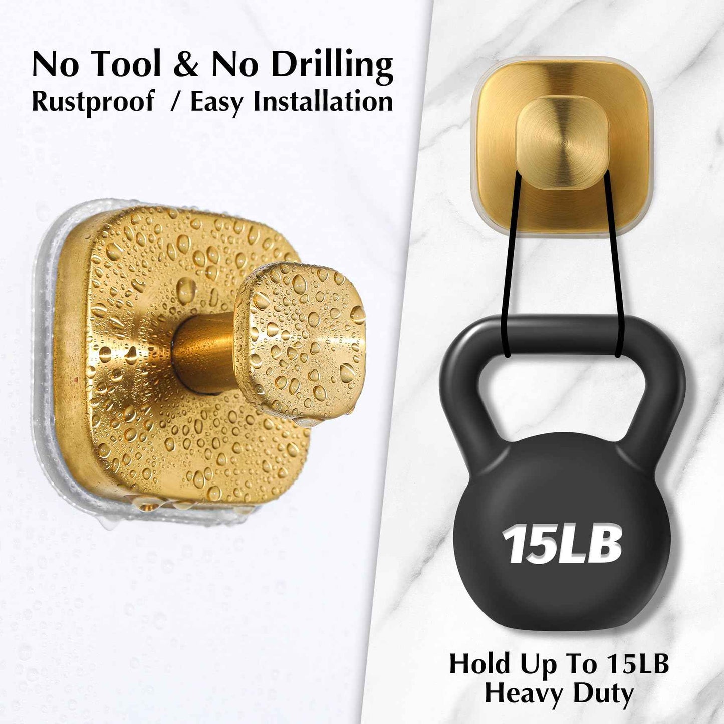 warlve Suction Cup Hooks for Shower - Reusable No-Drill Mounting - Hooks for Towels, Robes & Loofah on Metal, Glass, Mirrors, Tile & Smooth Non-Porous Surfaces (2, Brushed Gold)