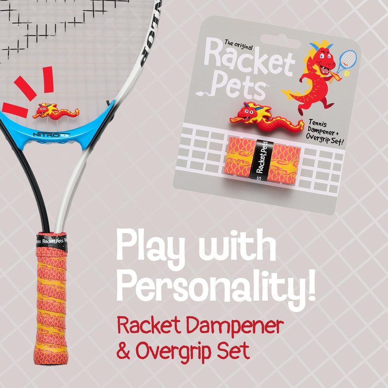 Racket Pets Kids Tennis Racket Dampener & Matching Overgrip Tape, Performance Shock Absorbing Dampener for Tennis Racket & Fun Animal Print Tennis Wrap Grip Tape (Dragon)