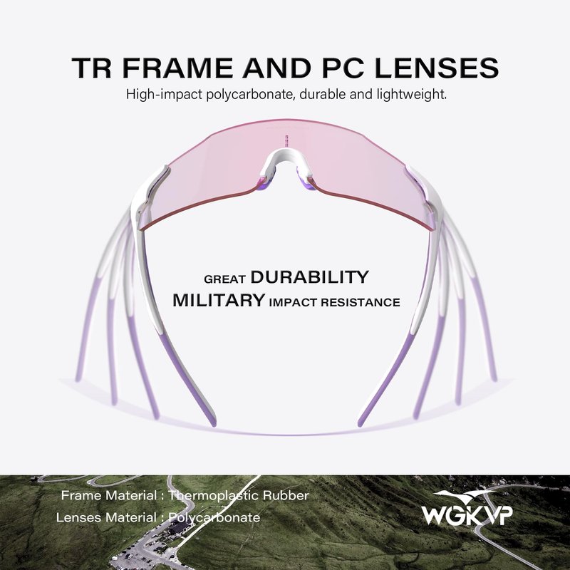WGKVP Photochromic Running Glasses for Women and Man, with UV400 Protection Lightweight Wraparound Sports Glasses for Running & Outdoor Training (White Purple)